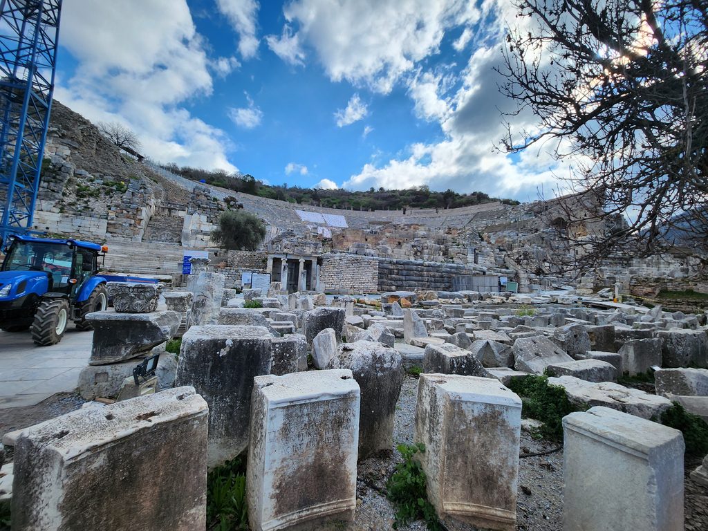 The historic stage of the Great Theatre, where ancient cultural performances and late Roman gladiator battles once took place.