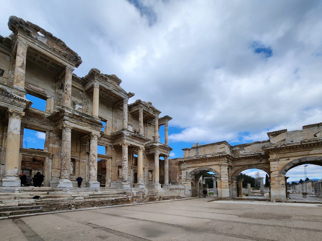 The Roman-era plaza beside the Library of Celsus, once a vibrant hub for scholarly and political discussions.