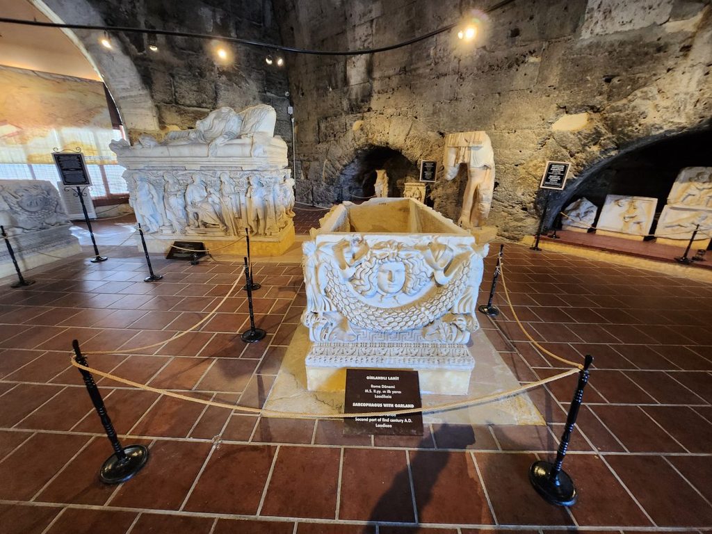 A grand 2nd-century marble Garland Sarcophagus excavated from nearby Laodicea, carved with Medusa heads