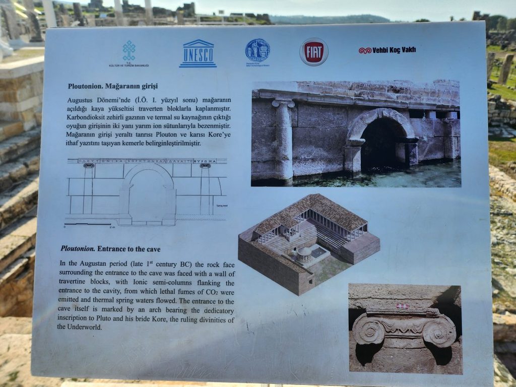 Historical information board standing at the entrance of the toxic cave detailing the CO2 gas emissions