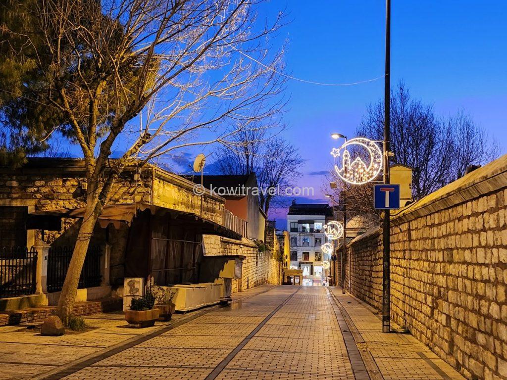The tranquil night view of Hattat Nafiz Street, seen after leaving the prayer hall.
